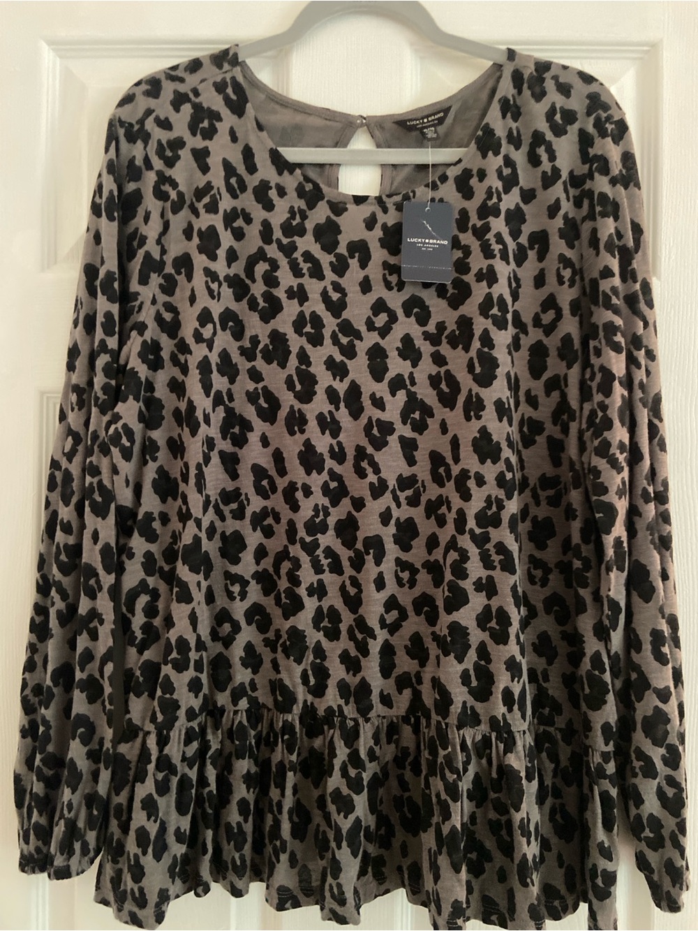 Lucky Brand Gray and Black Leopard Print Long Sleeve Peplum Top
